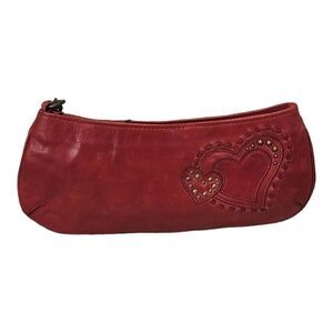 Fossil Women Red Heart Design Studded Leather Clutch Bag Size S